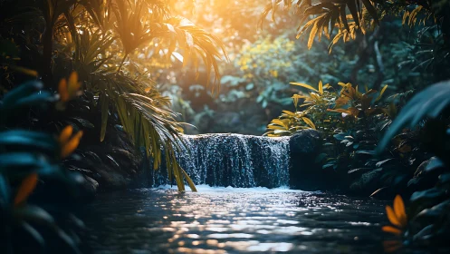 Sunlit jungle waterfall cradled in lush emerald foliage.