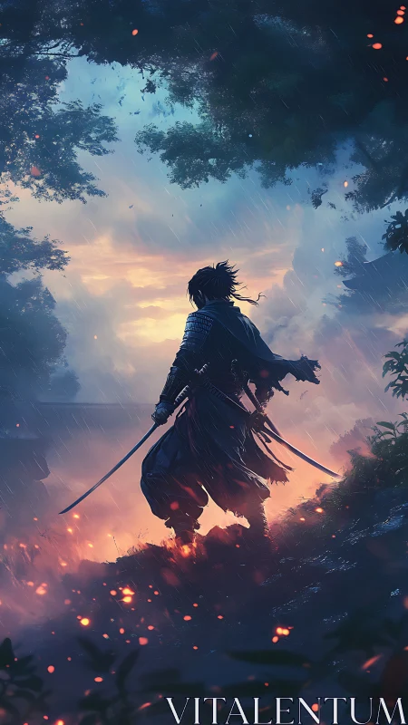 Lone samurai confronts a stormy dusk battlefield in rain.