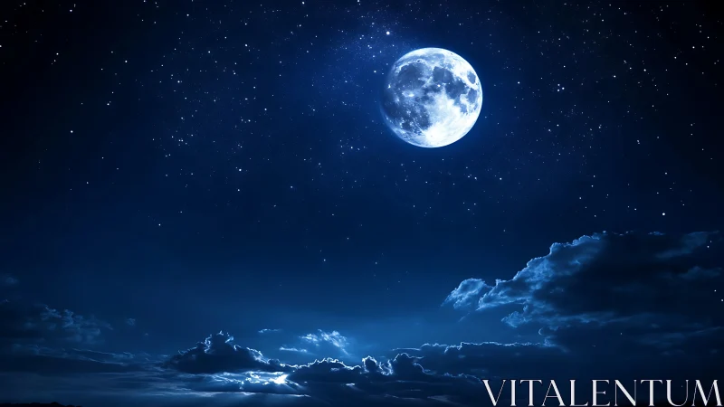 Full moon above luminous clouds in deep blue night sky.