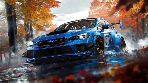 Blue race car powers through wet autumn forest circuit
