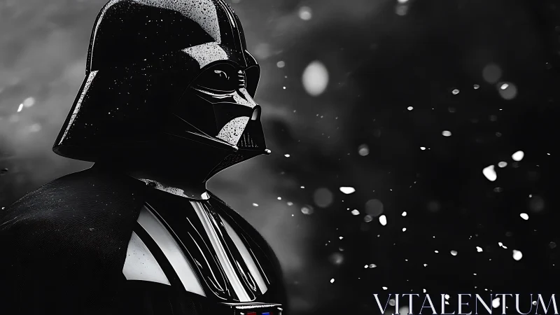 Masked dark figure stands in drifting snow against void