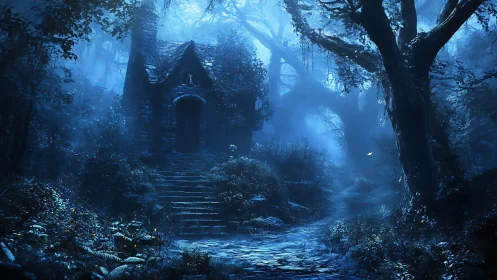 Moonlit cottage hidden in misty enchanted forest path.