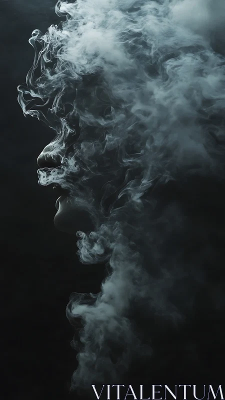 Human side profile emerges through drifting white smoke