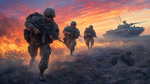 Sunset fireline chases armored soldiers through searing haze