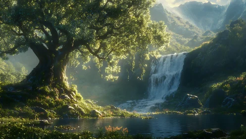 Cascading Waterfall Through Luminous Canopy: Fantasy Landscape Rendering