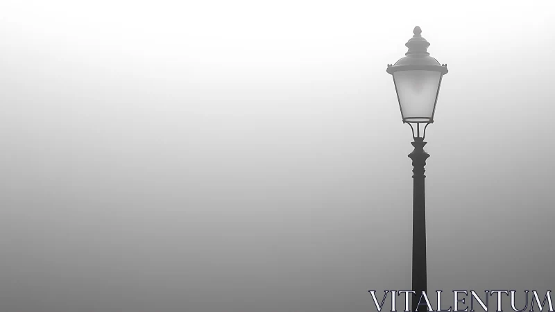 Solitary street lamp emerges softly through dense fog.