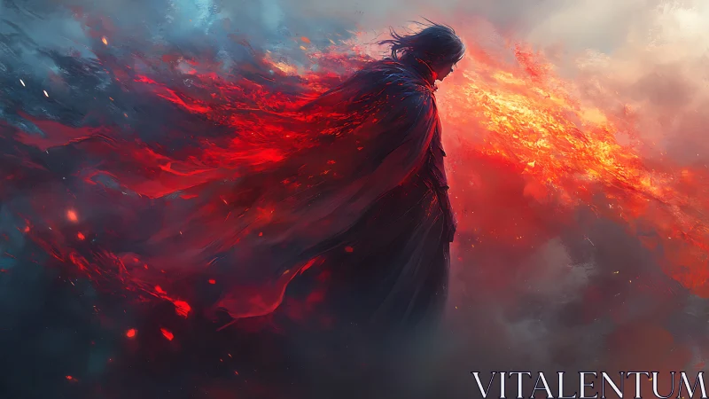 Lone fireborn wanderer amid swirling crimson tempest.