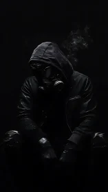 Hooded figure in gas mask under low key directional lighting