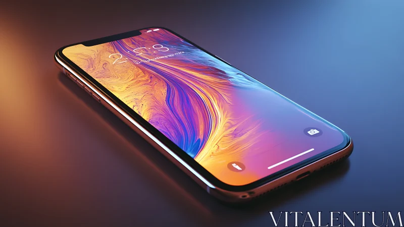 Modern smartphone on reflective surface with vivid display.