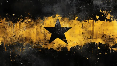 Bold black star cuts through a distressed yellow stripe banner