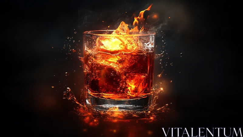 Whiskey Glass with Dramatic Flame and Splash Effect.