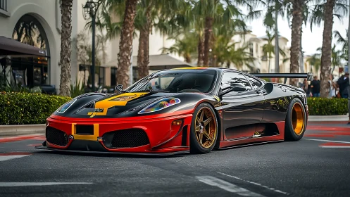 Modified race-spec supercar on urban palm-lined street.