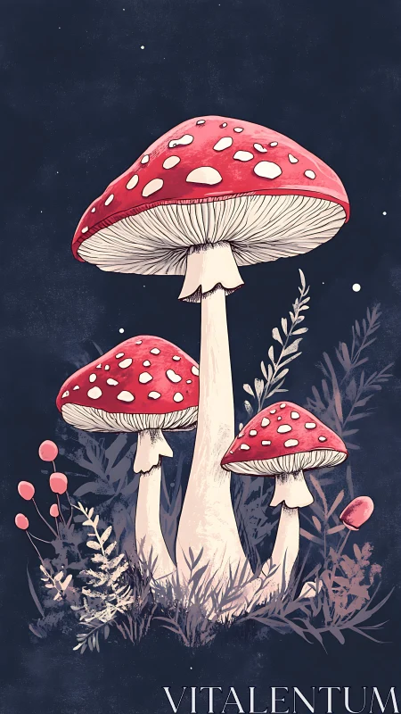Moonlit toadstool trio quietly crowns the midnight forest
