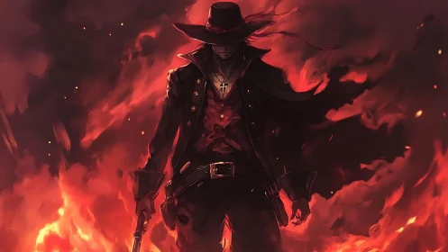 Gun-toting shadow strides from wildfire dusk with quiet fury