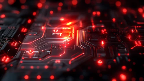 Red illuminated PCB surface renders high density signal routing