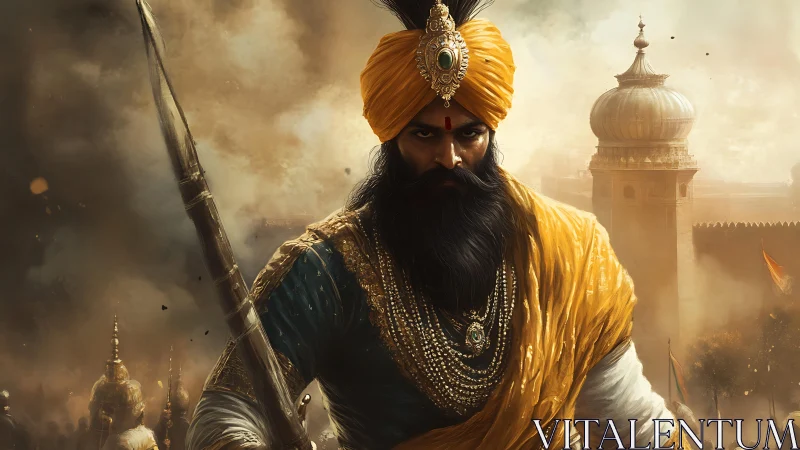 Warrior king stands armored before smoke filled fortress battlements