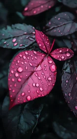 Raindrops cling to vivid red leaves in deep moody shadow