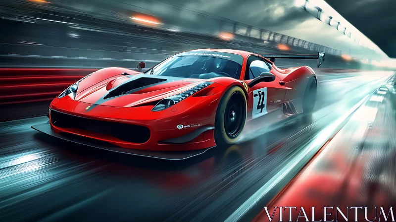 Red GT race car slices wet circuit under neon speed