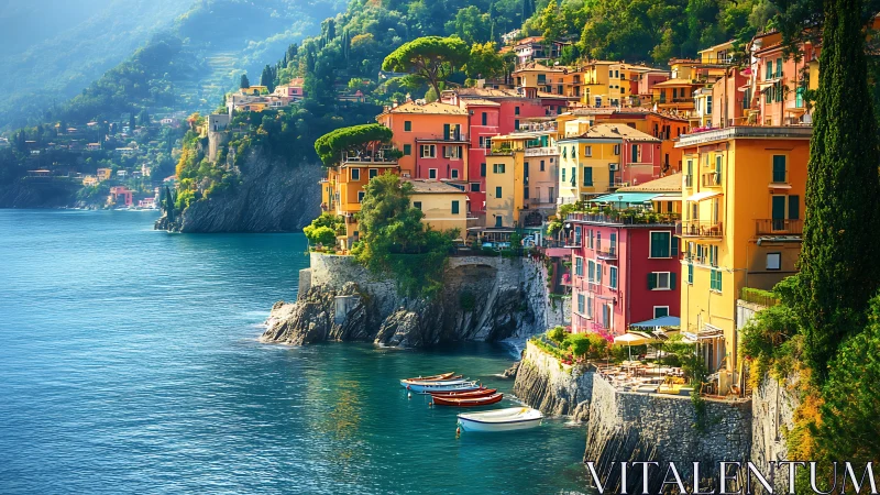 Sunlit terraced harbor village on steep Mediterranean sea cliffs