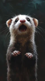 Alert standing ferret against dark textured background.
