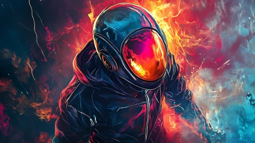 Solitary hooded figure in helmet amid contrasting flames.