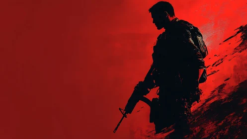 Silent soldier silhouette against bold red horizon.