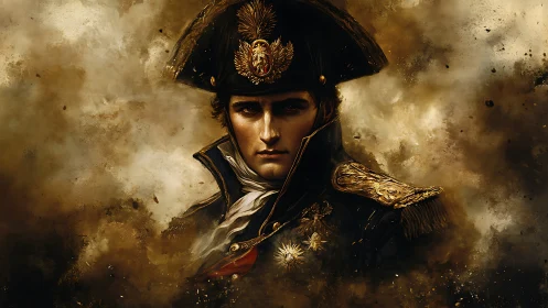 Brooding military officer emerges from storm of golden dust