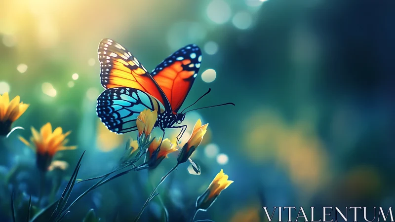 Digital painting of luminous butterfly on wildflower bloom.