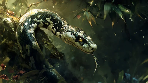 Emerald jungle serpent coils through shadowed foliage.