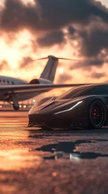 Low-slung hypercar and private jet under volumetric sunset lighting