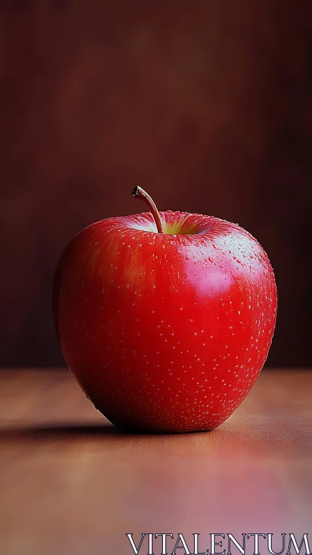 Red apple rests on wood under warm studio spotlight.