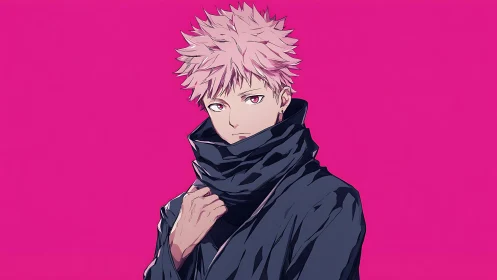 Stoic anime youth in dark coat on vivid magenta field.