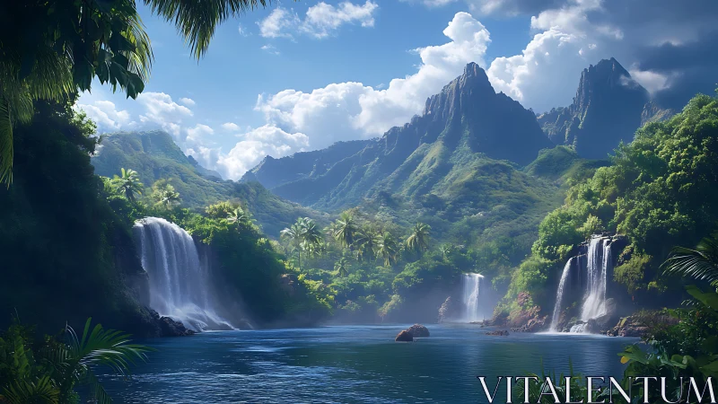 Tropical Valley Cascade: Layered Waterfalls and Verdant Mountain Composition.