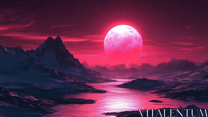 Luminous pink moonrise over frozen alien river valley.