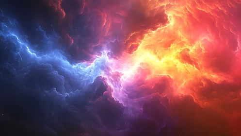 Glowing cosmic clouds meeting in a radiant sky of color.