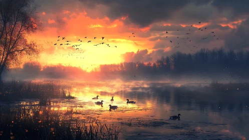 Dramatic sunset over misty lake with silhouetted waterfowl