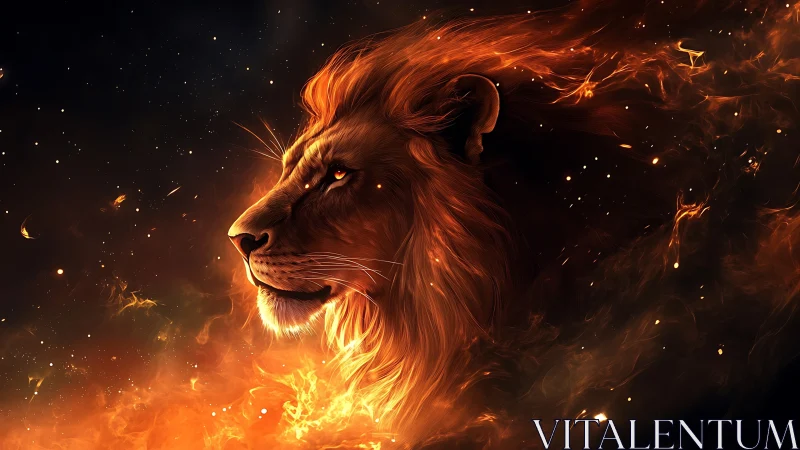 Fiery cosmic lion head emerges through swirling stardust