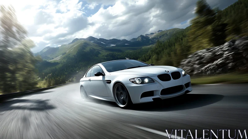 White performance coupe on curved mountain road at speed.