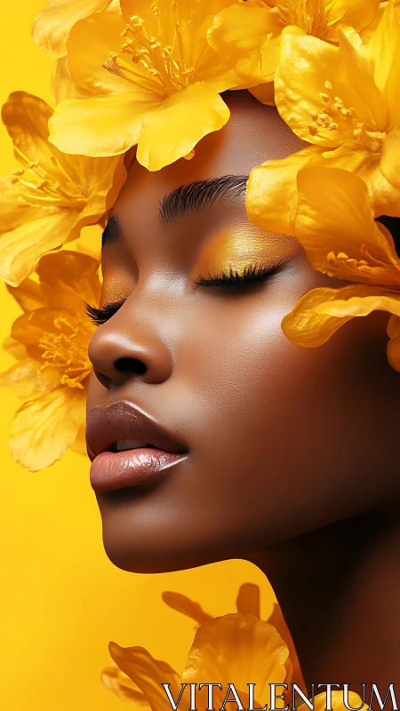 Serene female portrait blooms in radiant golden florals