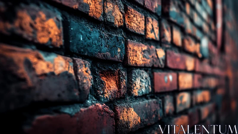 Close-up of rustic brick wall with moody lighting, urban photography.