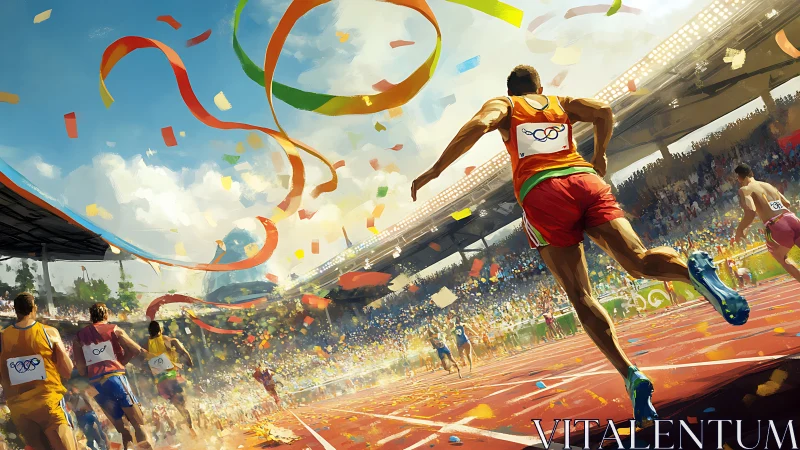 Sprinters surge toward finish amid vivid stadium confetti.