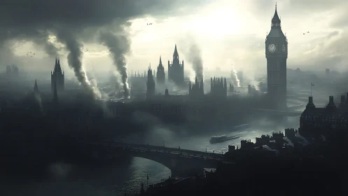 Industrial smoke obscures a fog-laden riverside cityscape