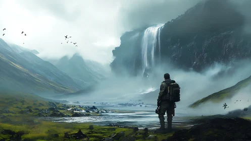 Solitary explorer surveys fog-laden valley and cascading waterfall