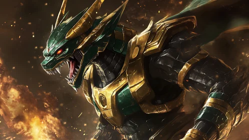 Armored emerald dragon roaring through molten battlefield.