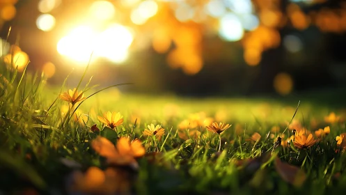 Golden meadow morning glow with tiny sunlit blossoms.