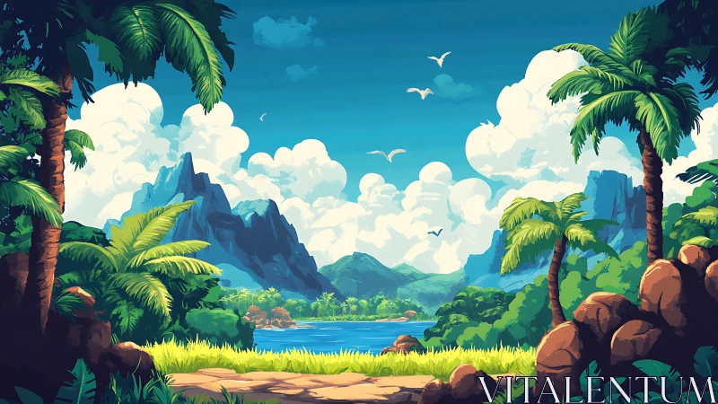 Tropical Landscape with Elevated Perspective and Volumetric Cloud Rendering