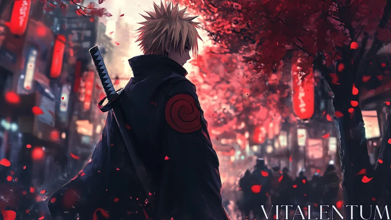 Lone anime swordsman walks through crimson city night