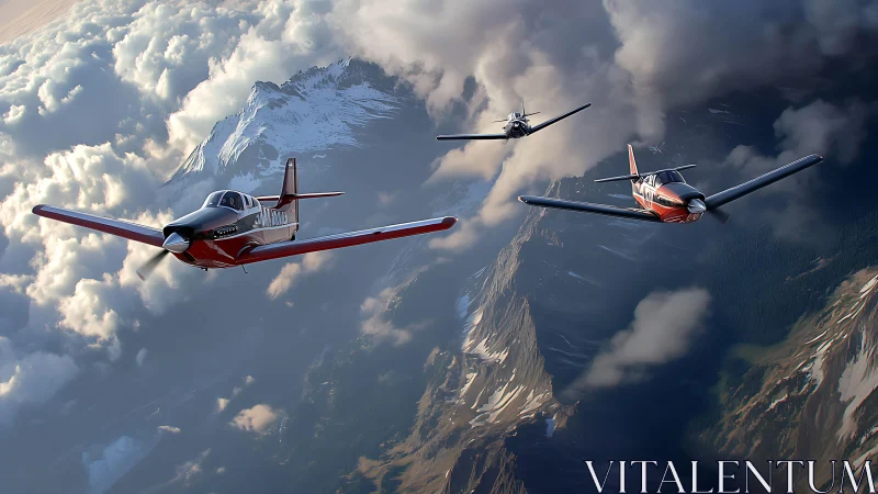 Friendly trio of red planes soaring above dramatic peaks.