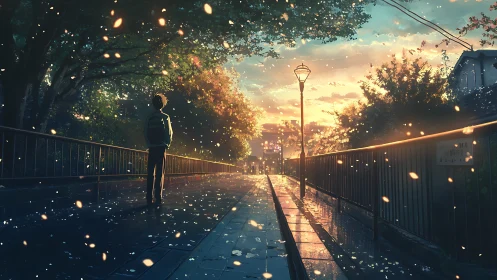 Solitary student walks wet bridge under glowing dusk sky