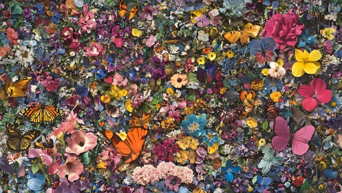 Vibrant Floral Tapestry: Butterflies and Blossoms in Dense Botanical Composition.